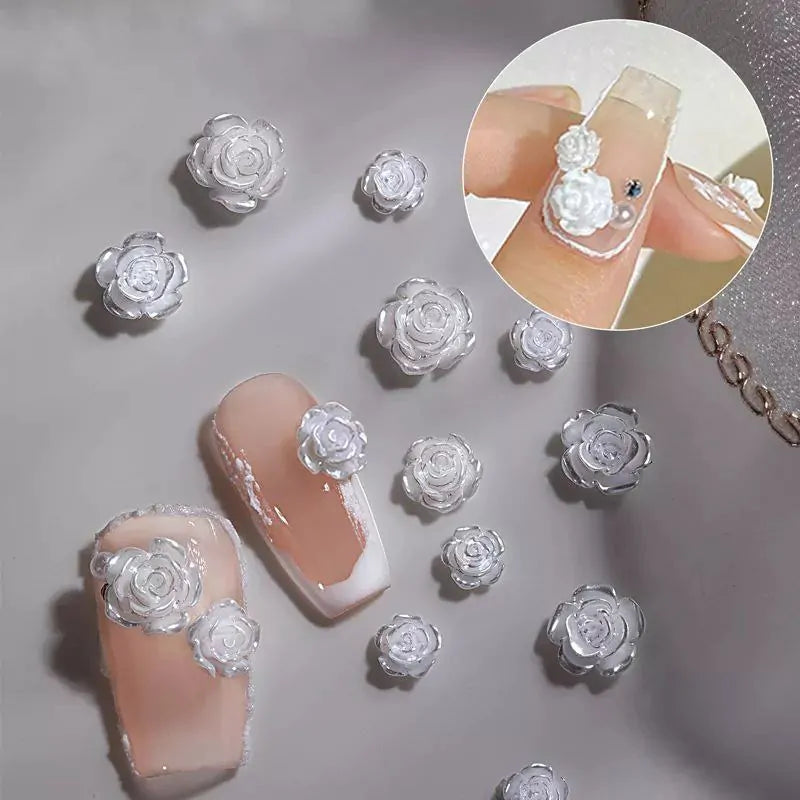 Pearl White Camellia Flower Charms With Pearls And Gold Caviar Beads