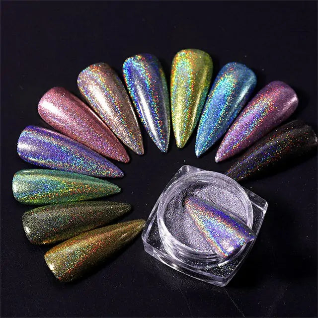 Magic Laser Holographic Nail Glitter Powder (Set Of 12 Colors)