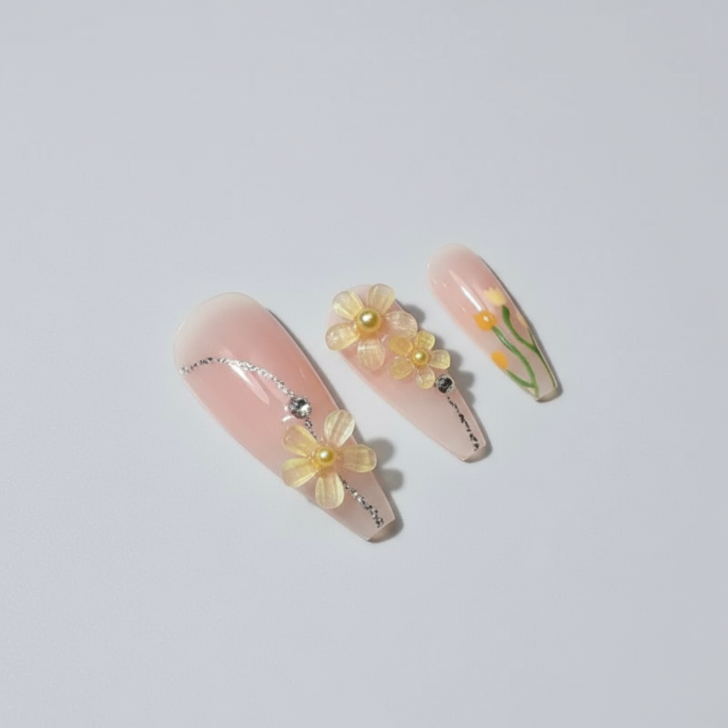 Five Petals 3D Yellow Crystal Flower Charms With Rhinestones And Gold Caviar Beads