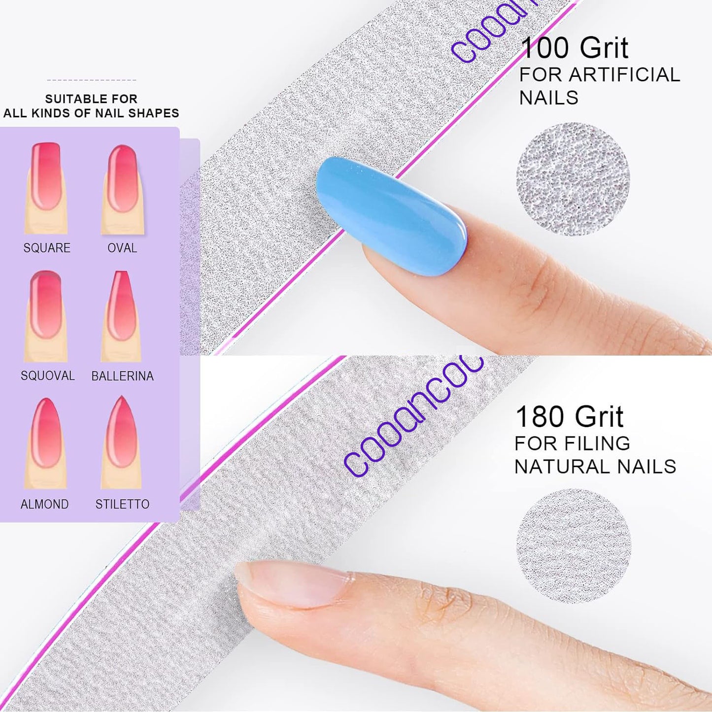 Cooancoco 5PCS Nail File Professional Nail Files Reusable Double Sided Emery Board(100/180 Grit) Nail Styling Tools for Home and Salon Use Christmas Gifts for Women