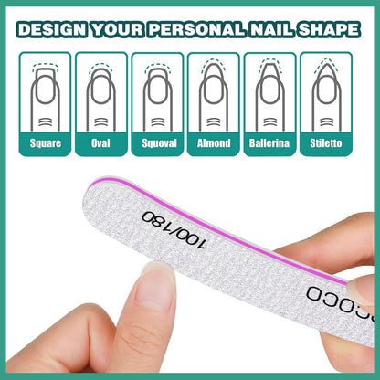 Cooancoco Double Sided Emery Boards Nail Boards for Home and Salon Use, Professional Nail Styling Tools Fingernail Files for Nail Care Gel Nail Files and Buffer, 100/180 Nail File Set, Curved 5 Pcs