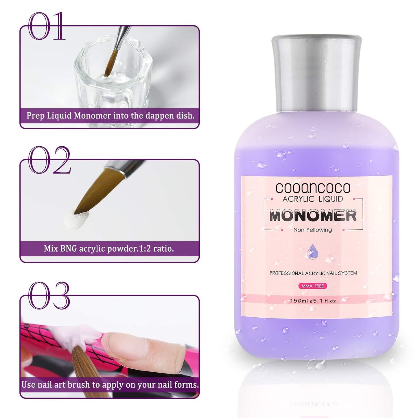 Cooancoco Purple Monomer Acrylic Nail Liquid - Professional Monomer Liquid - 150ml Acrylic Monomer Liquid for Acrylic Powder, Acrylic Nail Extension 3D Nail Art - MMA Free, Non-Yellowing, Medium Drying