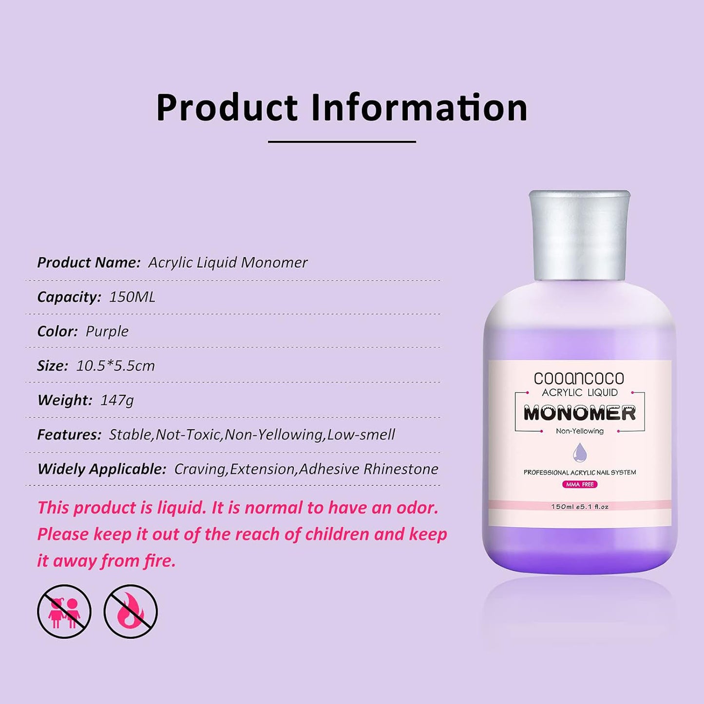 Cooancoco Purple Monomer Acrylic Nail Liquid - Professional Monomer Liquid - 150ml Acrylic Monomer Liquid for Acrylic Powder, Acrylic Nail Extension 3D Nail Art - MMA Free, Non-Yellowing, Medium Drying